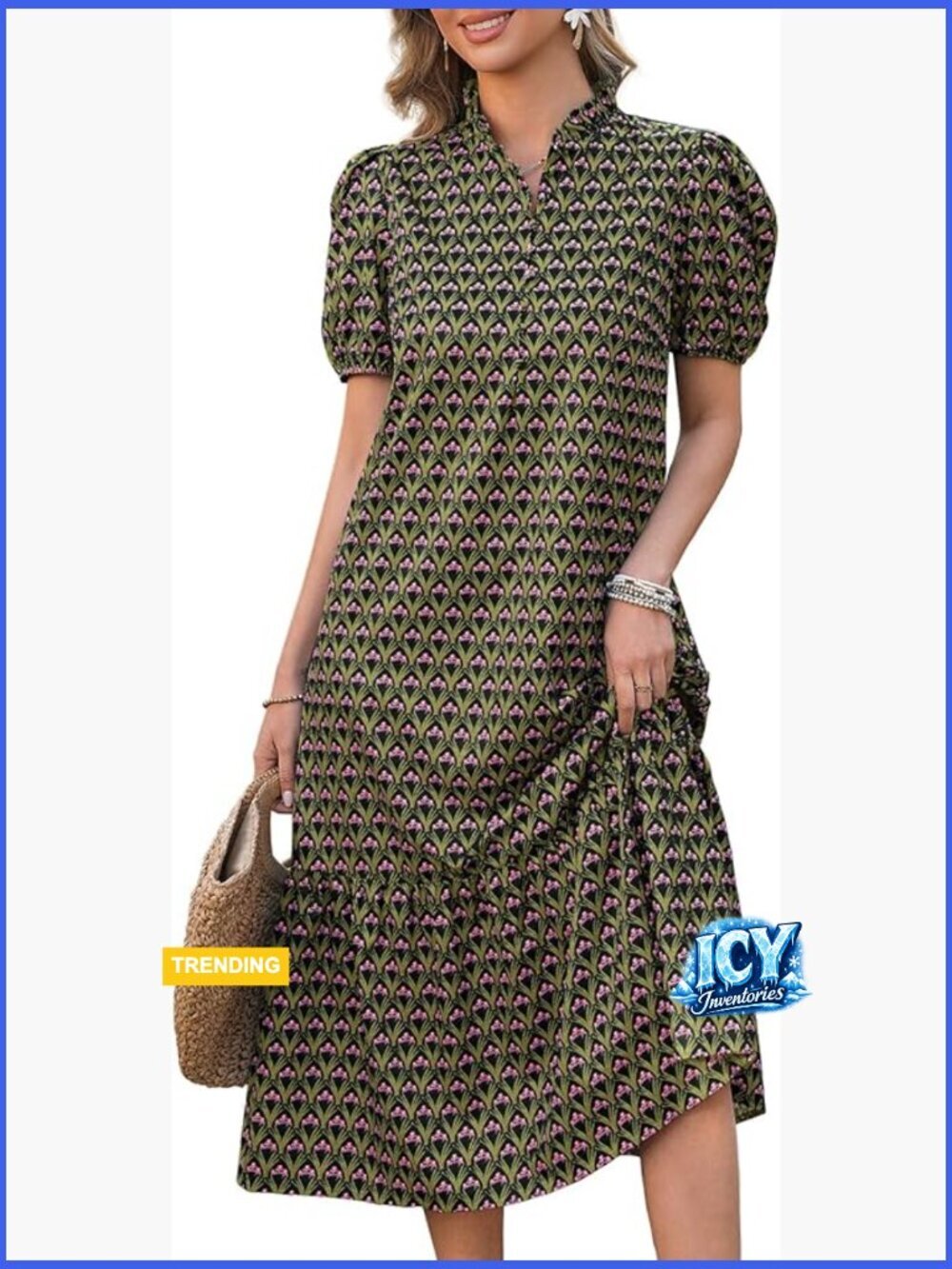 Floral Maxi Dress with Pockets, V-Neck, Puff Sleeves, Button Front